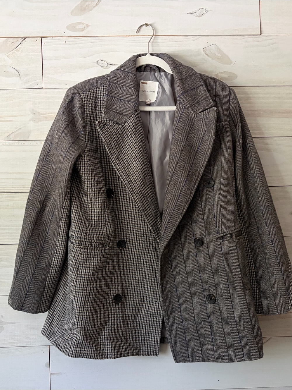 Avec Les Filles Gray Mixed-Pattern Double-Breasted Blazer Jacket